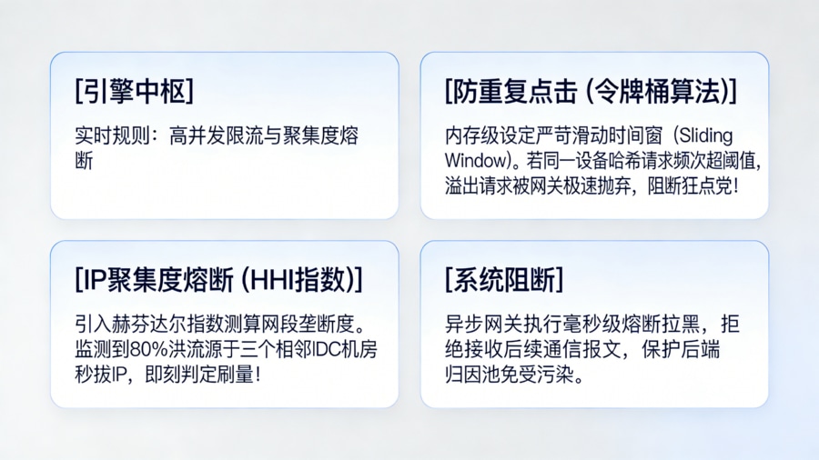 反作弊实时规则引擎：基于令牌桶算法的防重复点击限流与 HHI 聚集度熔断机制