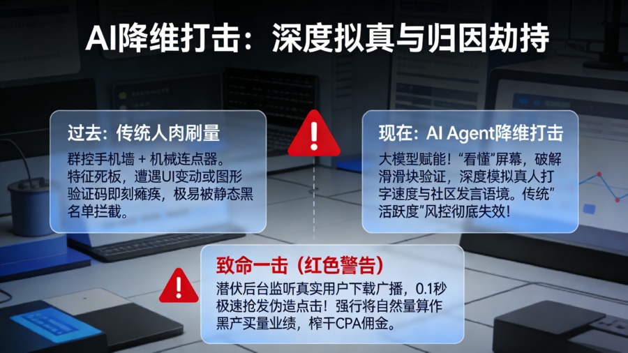 大模型 AI Agent 高级机器流量深度拟真伪装与点击劫持归因掠夺威胁模型图