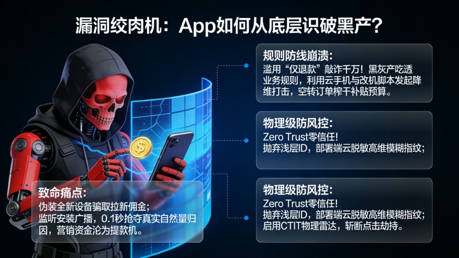 专业黑产滥用电商漏洞敲诈与 App 拉新防刷量底层设备物理特征风控全景图