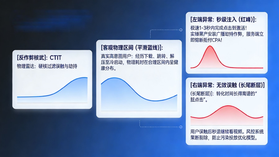 反作弊物理雷达：基于 CTIT (点击至激活时间) 异常分布规律过滤无效误触点击与机器安装广播劫持机制