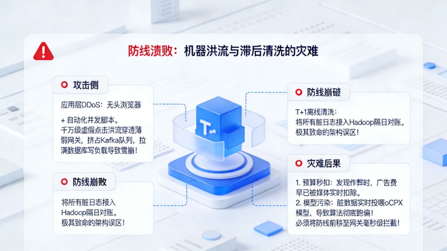 黑灰产云端自动化脚本机器刷量洪流导致后端资源雪崩与 T+1 离线数仓清洗严重滞后威胁模型图
