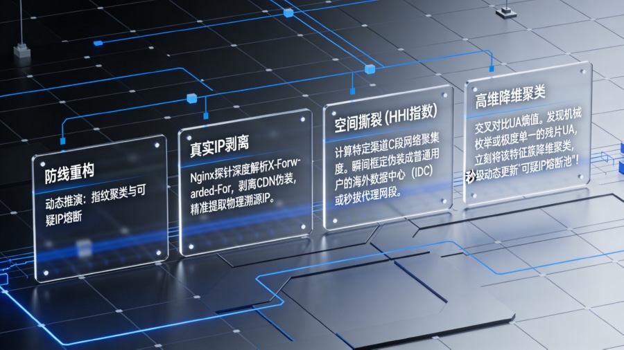 网关层 Nginx 探针提取真实 IP 结合 UA 熵值与 HHI 指数进行动态指纹聚类与可疑 IP 池推演管线图
