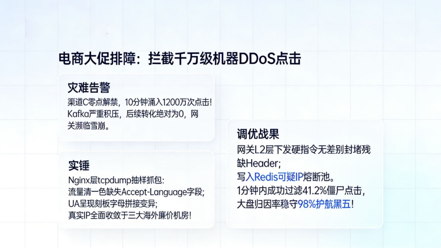 出海电商黑五大促遭遇 1200 万次机器 DDoS 点击攻击排障复盘:Nginx 网关层特征清洗与拦截挽损看板