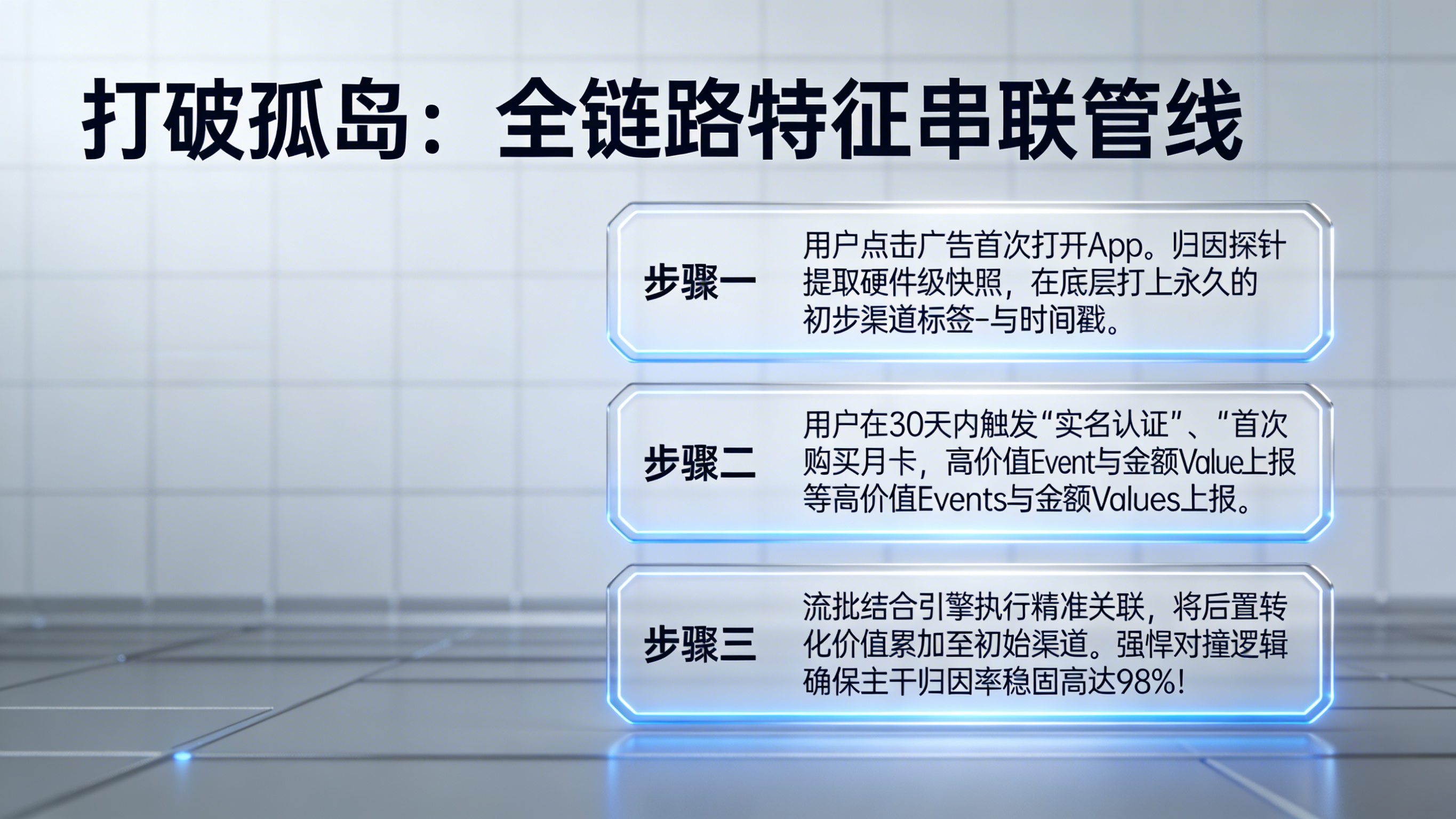 归因中台跨渠道打破数据孤岛：前端激活硬件快照提取与后端高商业价值深度事件精准回溯架构图