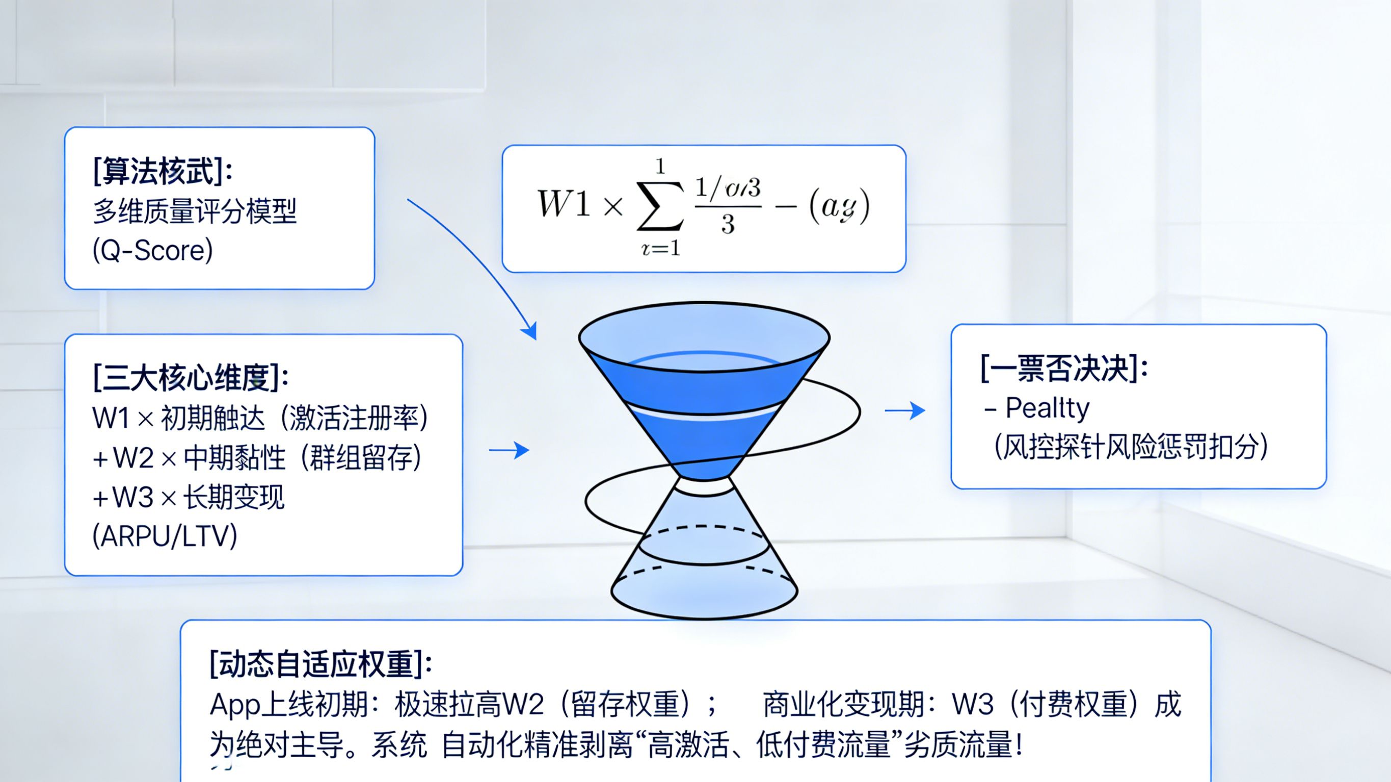 渠道质量评估多维动态加权评分公式 (Q-Score) 计算模型：融合留存、ARPU、深度转化率与风控风险扣分