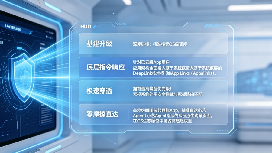 网络拓扑与路由解析图。展示对于已安装 App 的老客，深度链接如何响应 OS 系统底层的跨应用调用指令，直接拉起深层原生页面