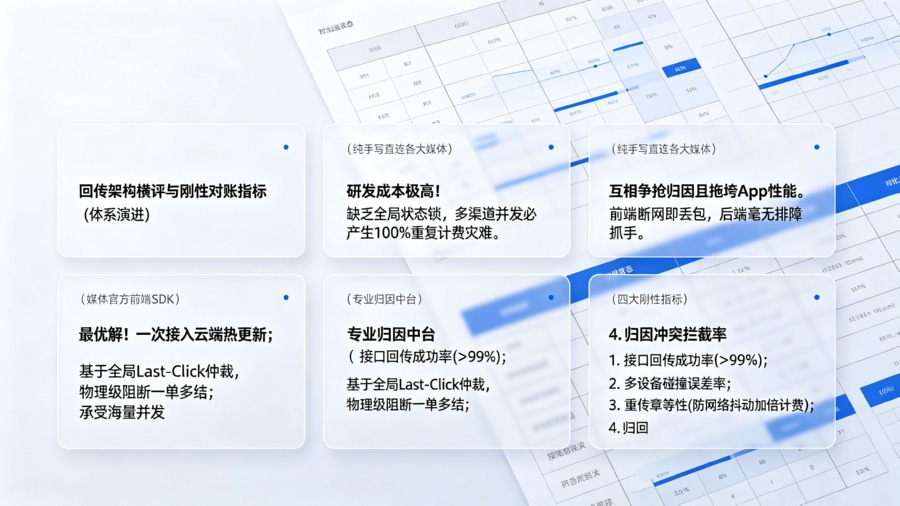 Bento Box 布局的数据看板与对比矩阵图。将文章中三种回传方案的技术代差表格转化为高级可视化 UI，并列出四大刚性运维指标。