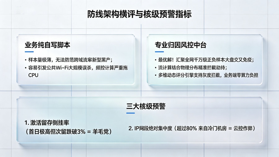 Bento Box 布局的对比矩阵图。将文章中三种防御方案的技术代差表格转化为高级可视化 UI，并列出诸如&ldquo;激活留存倒挂率&rdquo;等三大核心罗盘指标。