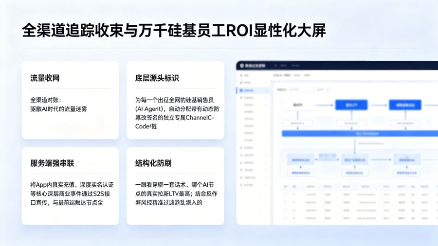 全渠道追踪收束与万千硅基员工 ROI 显性化大屏