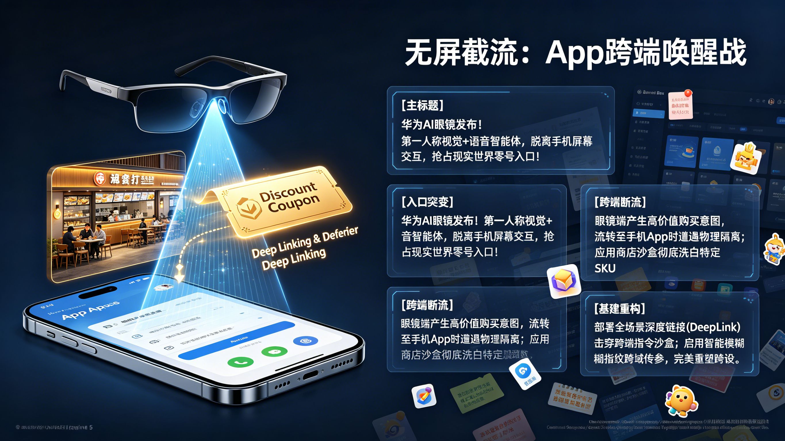 华为 AI 眼镜无屏交互截流与 App 跨端唤醒全景图