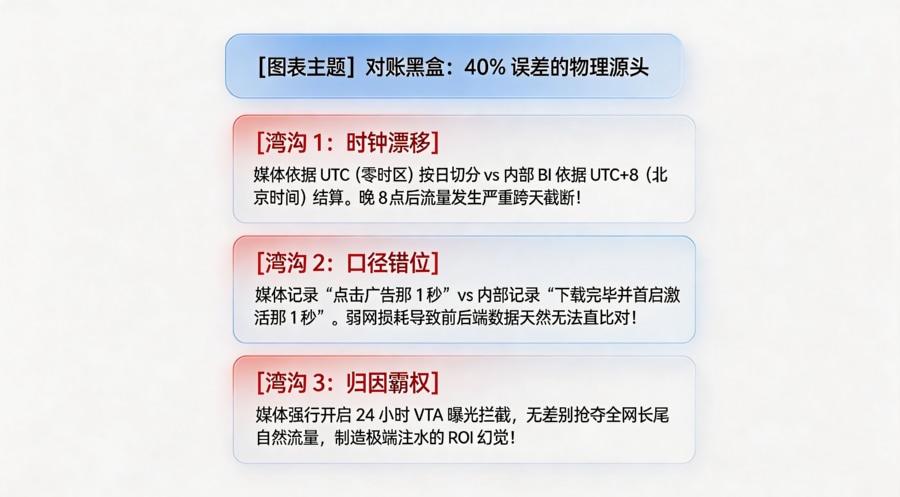 媒体自归因平台（SAN）与内部 BI 系统的时空口径鸿沟模型