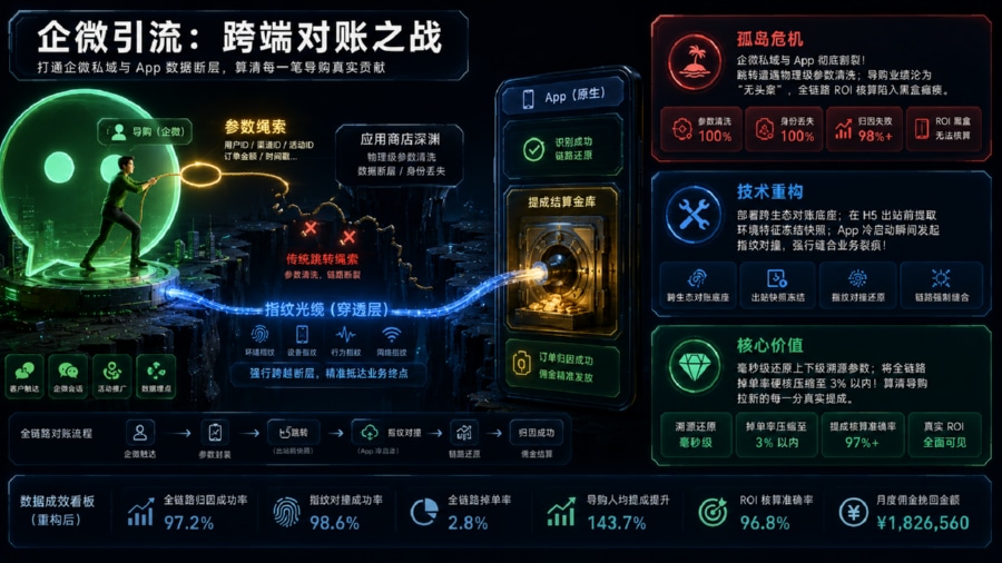 企业微信推广统计 ROI 核算与引流对账架构全景图