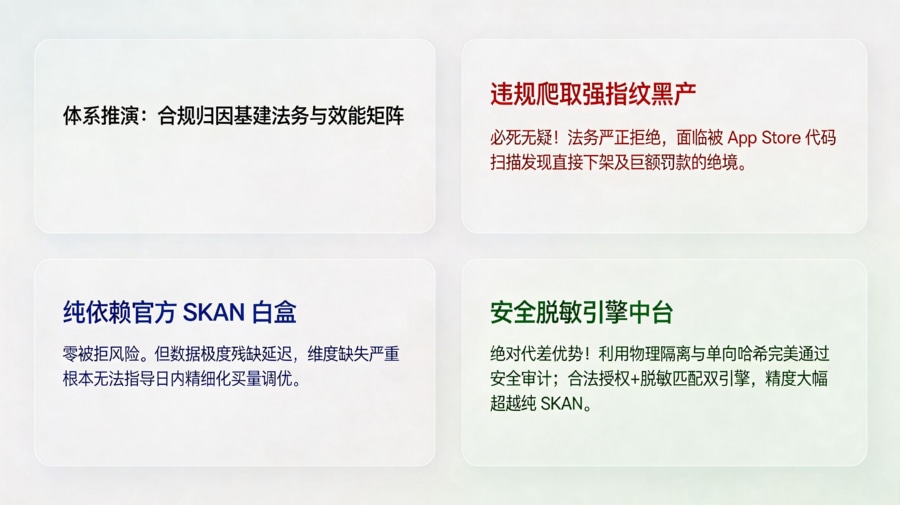 iOS 隐私合规归因架构选型技术评估对比矩阵大屏