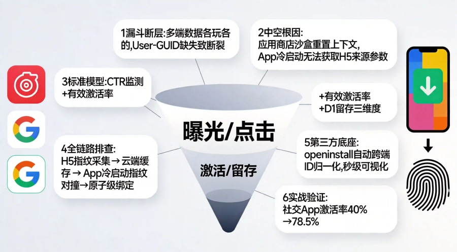 转化漏斗分析建引流大盘全景图，H5到App全链路流失排查与归因