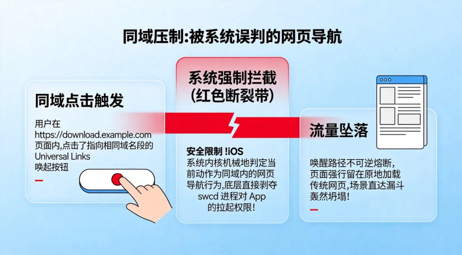 iOS 内核同域导航判定导致 Universal Links 唤醒压制拦截漏斗模型图。
