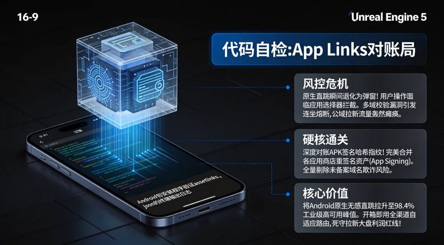 Android 原生端 App Links 自动校验机制、资产对撞以及防熔断自检全景总结海报。