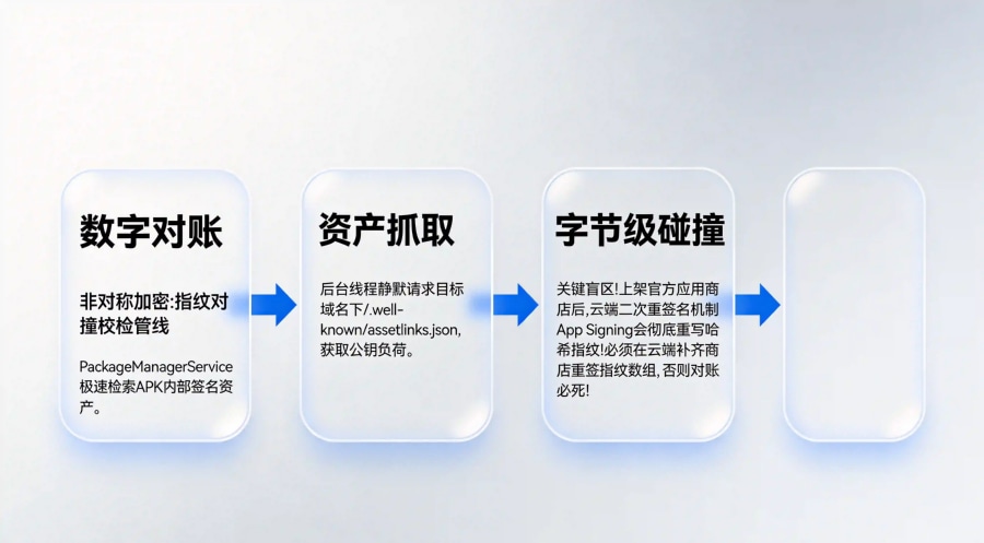 Android 系统底层包管理器提取应用数字签名哈希指纹进行字节级散列比对管线图。