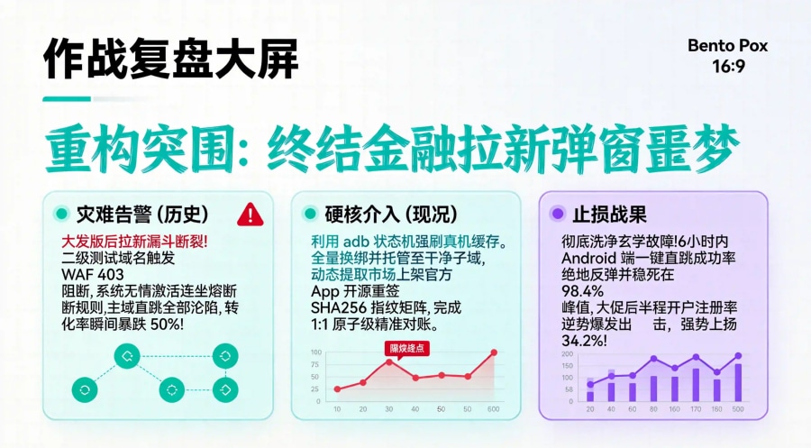 金融级客户端修复 App Links 熔断危机、挽回 34.2% 注册开户率的复盘数据看板。