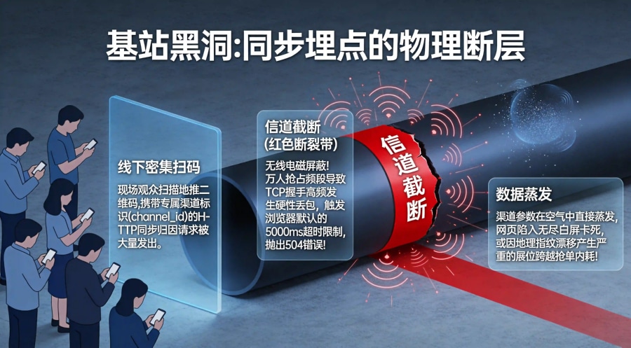 展会现场信号拥堵导致 HTTP 同步归因请求高频丢包与 Cookie 覆盖流失漏斗模型图。