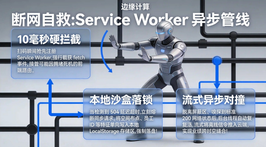 基于 Service Worker 离线沙盒落锁与网络恢复后流式补发的异步对撞技术时序拓扑图。