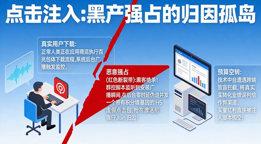 黑灰产利用 Xposed 改机软件与点击注入欺诈强占渠道归因流量流失漏斗模型图。
