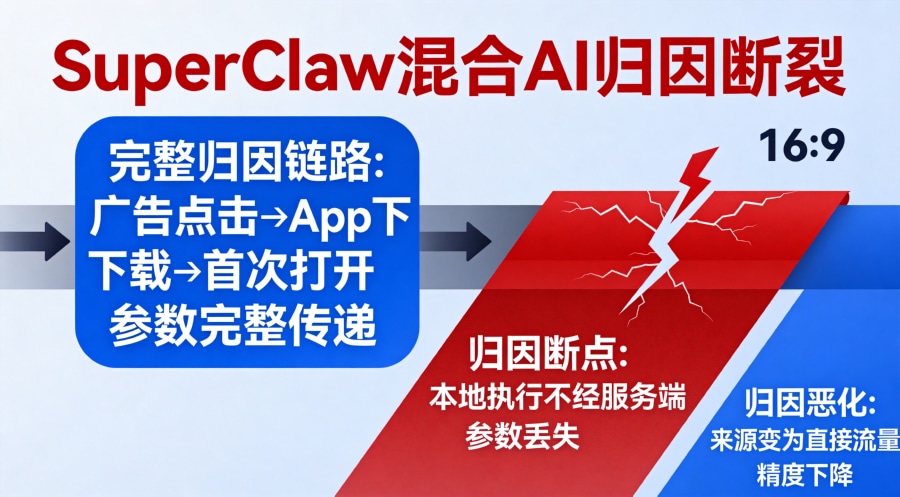 SuperClaw混合AI归因链路断裂漏斗,本地执行导致参数丢失与来源归因中断
