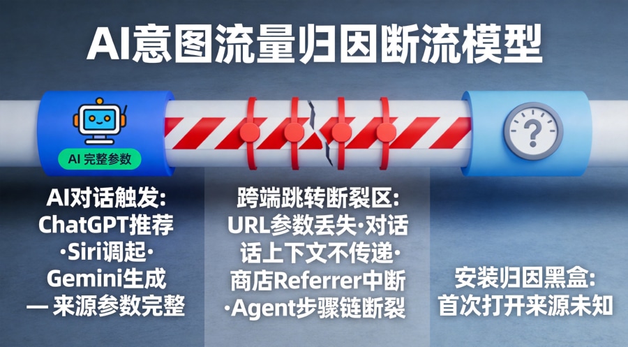 AI意图流量从对话触发到安装归因的断流漏斗，跨端跳转时参数逐层丢失形成归因黑盒