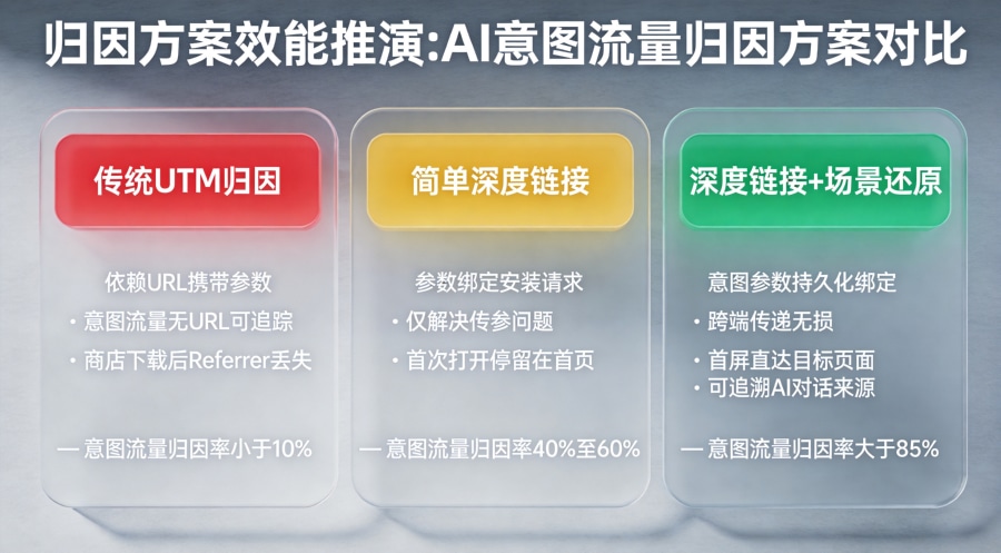 传统UTM归因与深度链接场景还原三列对比，意图流量归因率从不足10%提升至85%以上