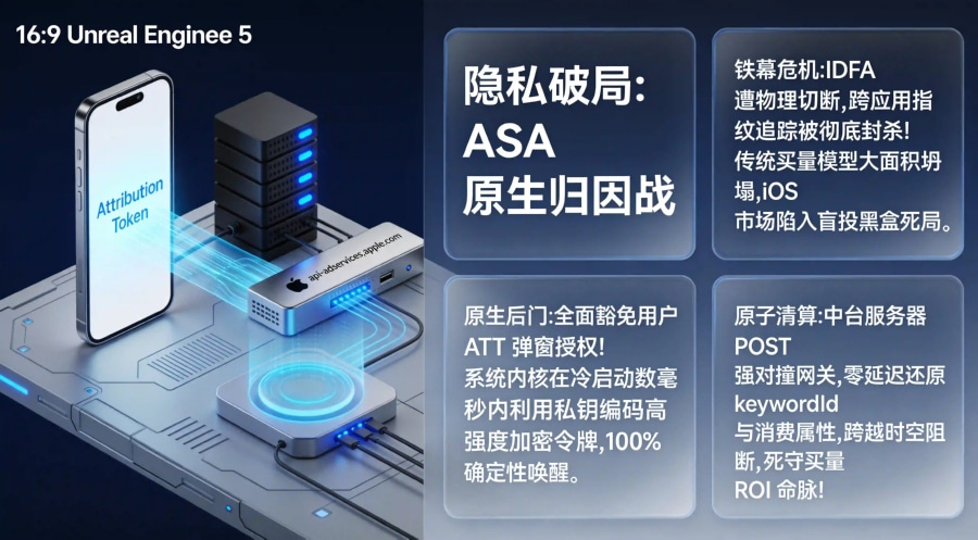 Apple Search Ads 苹果搜索广告归因底层逻辑、AdServices 框架令牌双重握手与全渠道对账全景总结海报。