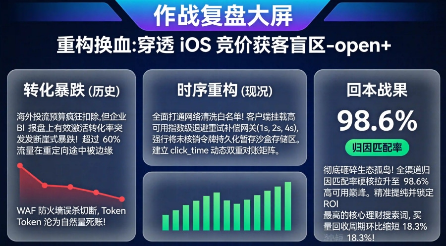 出海网赚类 App 大促期间由于 WAF 误杀导致 Token 丢失、接入指数级退避重试网关后成功回收 98.6% 匹配率复盘数据看板。