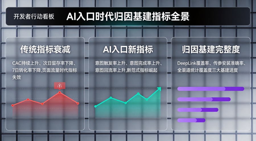 开发者AI入口归因基建指标看板，展示传统指标衰减与新指标崛起全景