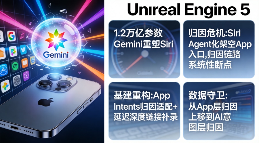 苹果1.2万亿参数Gemini重塑Siri封面图,展示iOS入口重构与移动归因链路断点风险