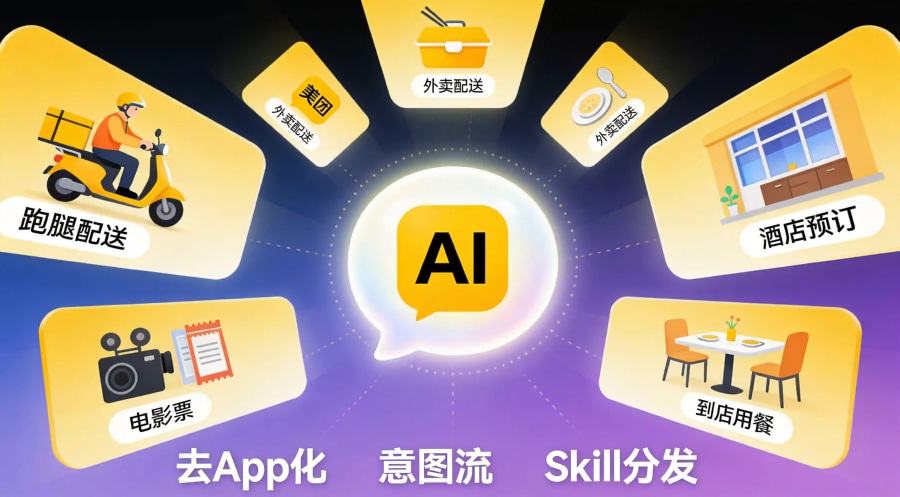 超级App服务能力Skill化趋势概念图,展示外卖跑腿酒店等业务模块从独立App中解耦为标准化Skill向AI助手入口汇聚