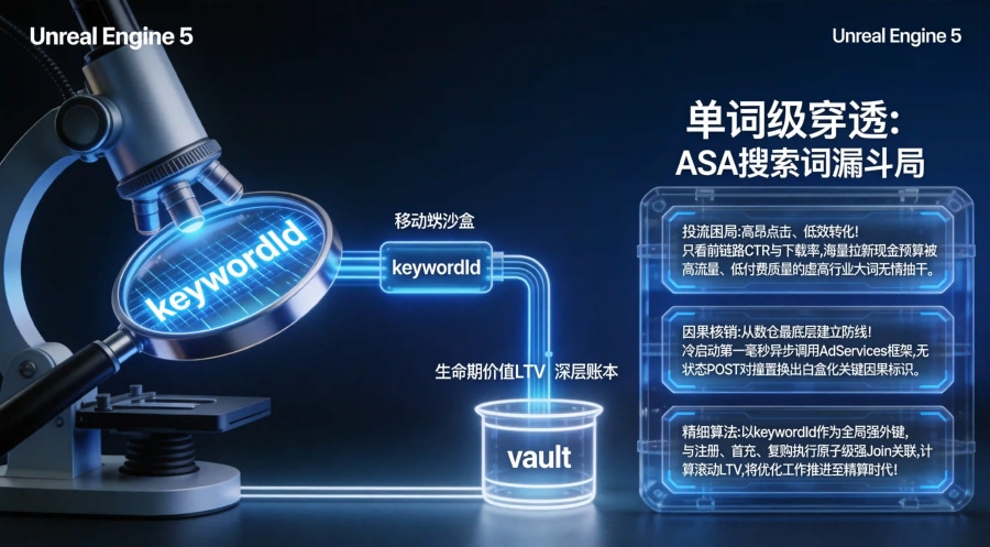 Apple Search Ads 苹果广告关键词优化精细化评估、ASA 搜索词级转化漏斗与动态出价反哺全景总结海报。