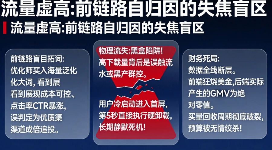 苹果搜索广告泛化大词高点击率伪装与后链路冷启动快速流失断层漏斗模型图。