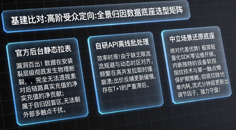官方后台静态拉表、自研离线批处理总线与中立智能受众定位多渠道整合底座在去重清洗、时效抗性维度的评估对比矩阵大屏。