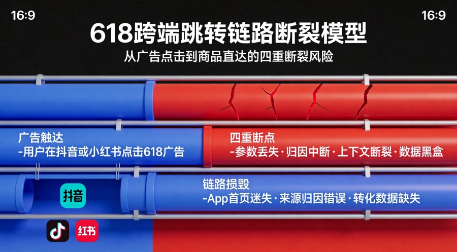 跨端跳转链路断裂流程图,展示618大促期间从广告点击到App直达的四个关键断裂风险点