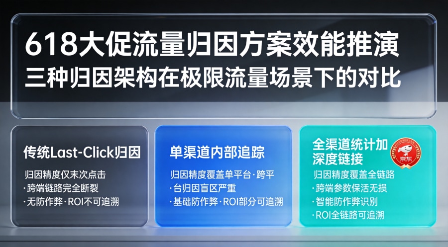 618大促流量归因方案对比矩阵,比较传统归因、单渠道追踪与全渠道统计深度链接三种方案效能