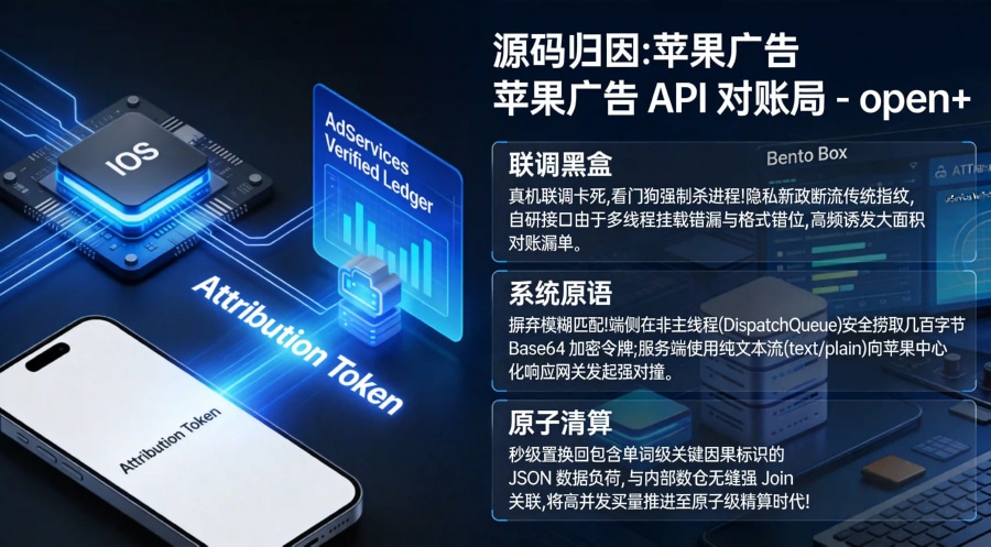 苹果广告 API 归因代码接入、AdServices 框架端侧多线程捕获与云端二次验证全景总结海报。