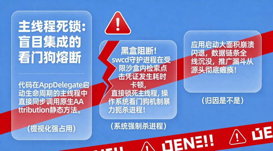 苹果旧版 iAd 框架断流与客户端错误占用主线程触发 Watchdog 看门狗机制强制杀进程流失模型图。