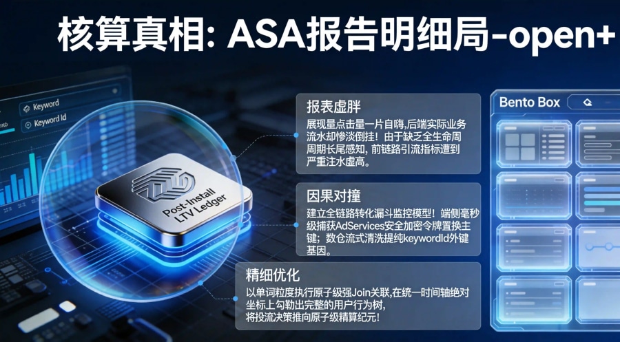 ASA 广告报告核心维度评估、前链路金钱消耗与后链路用户行为树原子级核销全景总结海报。