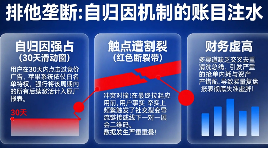 苹果 30 天点击自归因排他性强占与企业自建末次点击多触点割裂冲突漏斗模型图。