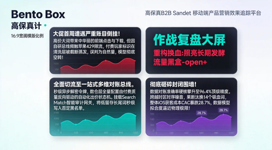 某跨国工具类 App 修复 429 接口熔断、建立 Search Match 自动否定机制实现降低 28.7% 获客成本数据复盘看板。