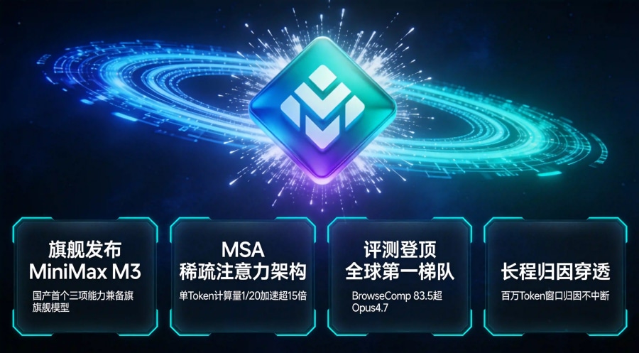 MiniMax M3三项能力兼备封面，3D菱形logo三流汇聚与归因链路重构全景