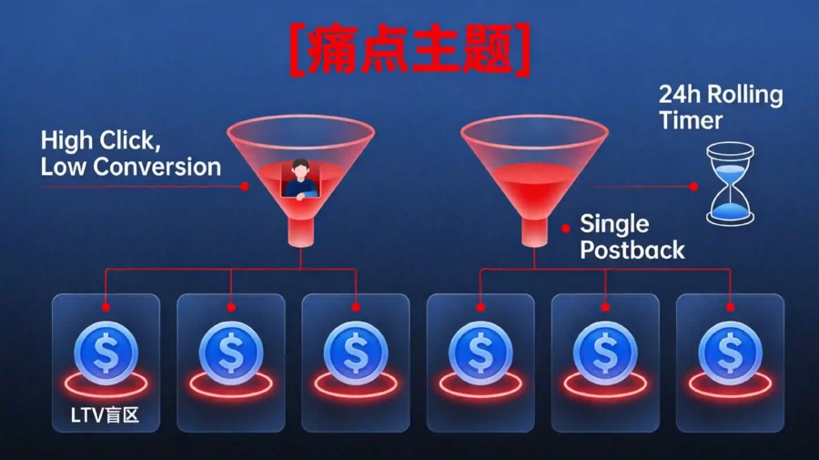 SKAN 滚动计时器机制与单一Postback限制导致高频低价值事件覆盖高价值事件的信息失真漏斗图。