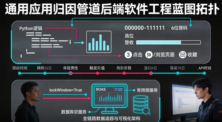SKAN转化值 Python 集成拓扑图,展示基于二进制位掩码(Bitmask)的付费/注册特征拆分与超高产值 Whale 用户 lockWindow 强切指令流。