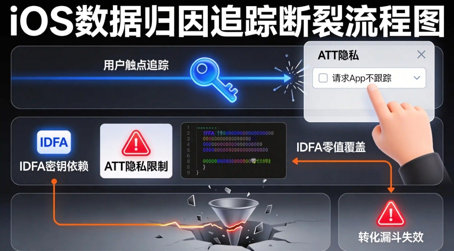用户闭环拒绝追踪权限导致传统明文IDFA单点强因果绑定模型全面熔断流失漏斗模型图