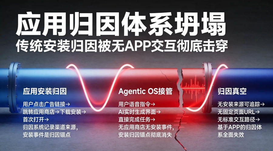 应用归因体系坍塌漏斗：传统安装归因被Agentic OS无APP交互彻底击穿