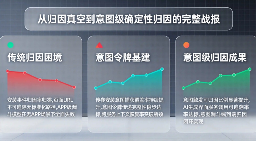 无APP手机意图归因复盘看板：传统归因失效&rarr;意图令牌基建&rarr;意图级确定性归因成果