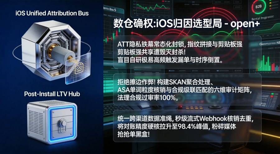 iOS跨渠道归因技术选型、六维数据审计矩阵与法理合规全景总结海报